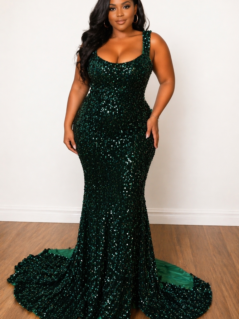 NWT Witness of Love Emerald Sequin Gown 16W Open Back Lace-Up Maxi Dress w/Train